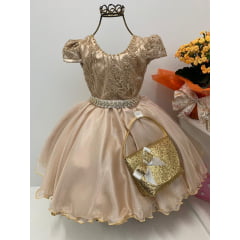 Vestido Infantil com Bolsinha Dourado Renda Pérolas Luxo
