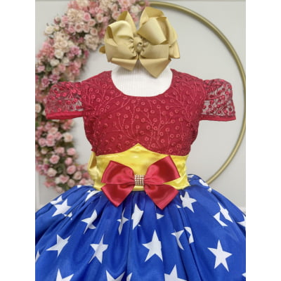 Vestido Infantil Mulher Maravilha C/ Renda e Aplique Laço