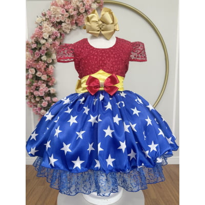 Vestido Infantil Mulher Maravilha C/ Renda e Aplique Laço