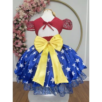 Vestido Infantil Mulher Maravilha C/ Renda e Aplique Laço