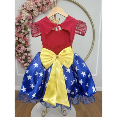 Vestido Infantil Mulher Maravilha C/ Renda e Aplique Laço