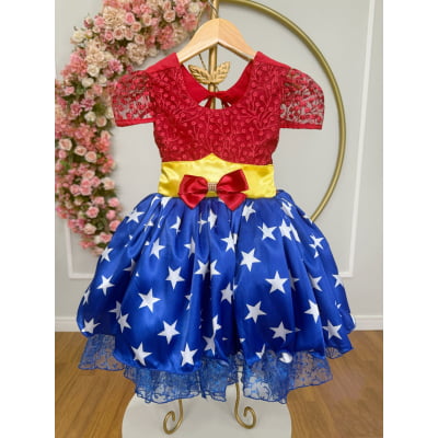 Vestido Infantil Mulher Maravilha C/ Renda e Aplique Laço