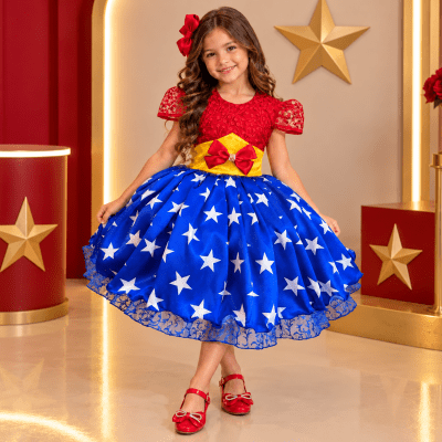 Vestido Infantil Mulher Maravilha C/ Renda e Aplique Laço Vestido Infantil Mulher Maravilha C/ Renda e Aplique Laço