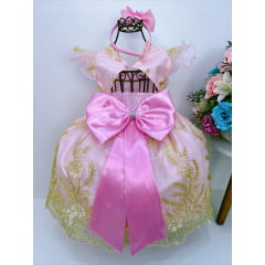 Vestido Infantil Rosa C/ Renda e Aplique Borboletas Pérolas