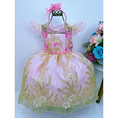 Vestido Infantil Rosa C/ Renda e Aplique Borboletas Pérolas