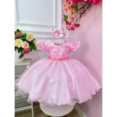 Vestido Infantil Rosa C/ Renda Jardim das Boroboletas Luxo