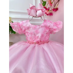 Vestido Infantil Rosa C/ Renda Jardim das Boroboletas Luxo