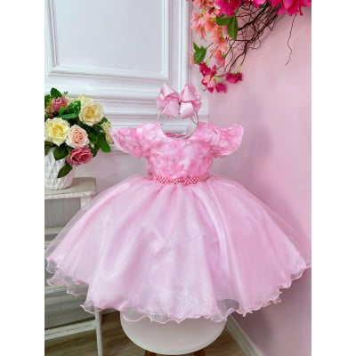 Vestido Infantil Rosa C/ Renda Jardim das Borboletas Luxo