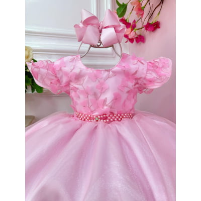 Vestido Infantil Rosa C/ Renda Jardim das Borboletas Luxo