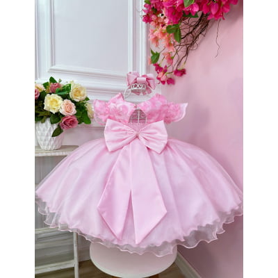 Vestido Infantil Rosa C/ Renda Jardim das Borboletas Luxo