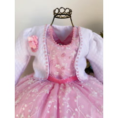 Vestido Infantil Rosa com Bolero Bordado em Pérolas Barrado Renda