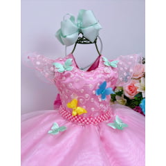 Vestido Infantil Rosa Jardim Encantado Renda e Borboletas