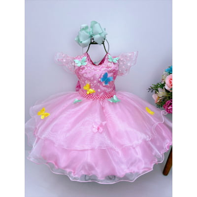 Vestido Infantil Rosa Jardim Encantado Renda e Borboletas