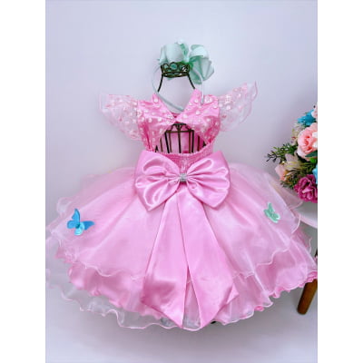 Vestido Infantil Rosa Jardim Encantado Renda e Borboletas