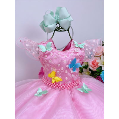 Vestido Infantil Rosa Jardim Encantado Renda e Borboletas