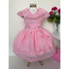 Vestido Infantil Rosa Super Luxo Renda Aplique Borboletas