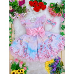 Vestido Infantil Unicórnio Rosa Floral Luxo Acompanha Tiara