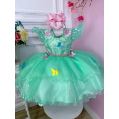 Vestido Infantil Verde Jardim Encantado Renda e Borboletas
