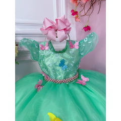 Vestido Infantil Verde Jardim Encantado Renda e Borboletas