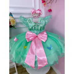 Vestido Infantil Verde Jardim Encantado Renda e Borboletas