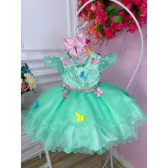 Vestido Infantil Verde Jardim Encantado Renda e Borboletas