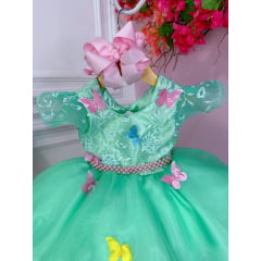 Vestido Infantil Verde Jardim Encantado Renda e Borboletas