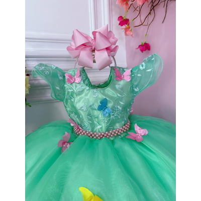 Vestido Infantil Verde Jardim Encantado Renda e Borboletas