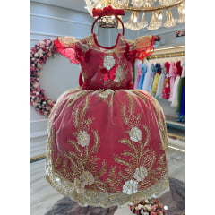 Vestido Infantil Vermelho Renda Aplique Borboletas Pérolas