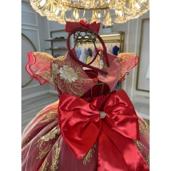 Vestido Infantil Vermelho Renda Aplique Borboletas Pérolas