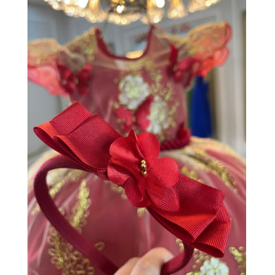 Vestido Infantil Vermelho Renda Aplique Borboletas Pérolas