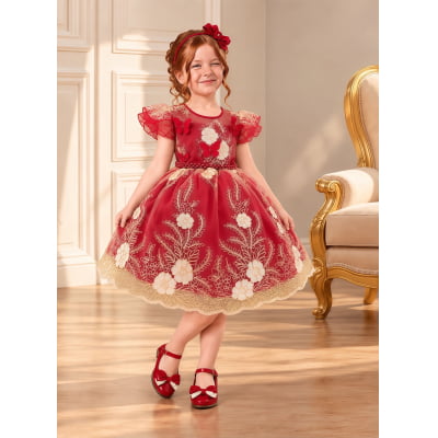 Vestido Infantil Vermelho Renda Aplique Borboletas Pérolas