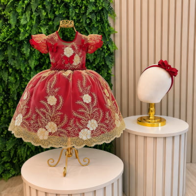 Vestido Infantil Vermelho Renda Aplique Borboletas Pérolas
