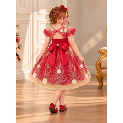Vestido Infantil Vermelho Renda Aplique Borboletas Pérolas