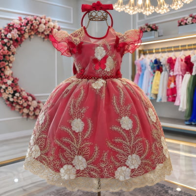 Vestido Infantil Vermelho Renda Aplique Borboletas Pérolas