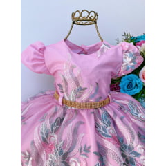 Vestido Infantil Rosa Renda Prata Luxo e Cinto Strass
