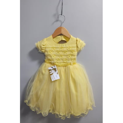 Vestido Infantil Amarelo C/ Apliques de Flores e Renda Luxo