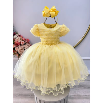 Vestido Infantil Amarelo C/ Apliques de Flores e Renda Luxo
