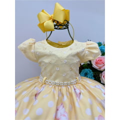Vestido Infantil Amarelo Floral Princesa Luxo Cinto Pérolas