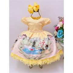 Vestido Infantil Amarelo Floral Princesa Luxo Cinto Pérolas