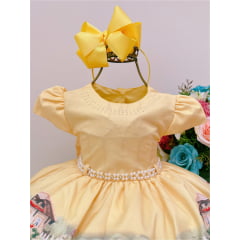 Vestido Infantil Amarelo Floral Princesa Luxo Cinto Pérolas