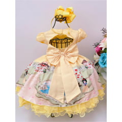 Vestido Infantil Amarelo Floral Princesa Luxo Cinto Pérolas
