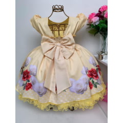 Vestido Infantil Amarelo Floral Princesa Luxo Pérolas