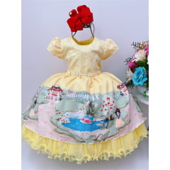 Vestido Infantil Amarelo Floral Princesa Renda Cinto Pérolas