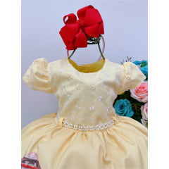 Vestido Infantil Amarelo Floral Princesa Renda Cinto Pérolas