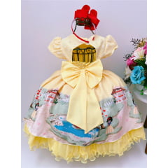 Vestido Infantil Amarelo Floral Princesa Renda Cinto Pérolas
