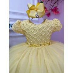 Vestido Infantil Amarelo Peito Nervura C/ Pérolas e Cinto