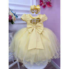 Vestido Infantil Amarelo Peito Nervura C/ Pérolas e Cinto