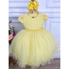 Vestido Infantil Amarelo Peito Nervura C/ Pérolas e Cinto