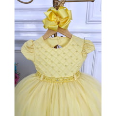 Vestido Infantil Amarelo Peito Nervura C/ Pérolas e Cinto