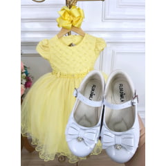 Vestido Infantil Amarelo Peito Nervura C/ Pérolas e Cinto